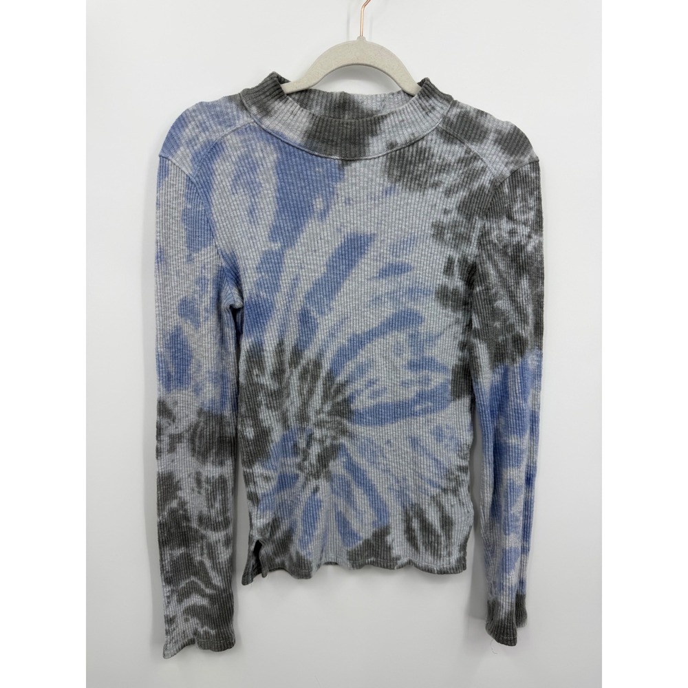 We The Free Tie Dye thermal Ribbed Top sz‎ S Blue Grey Mock Neck Long Sleeve